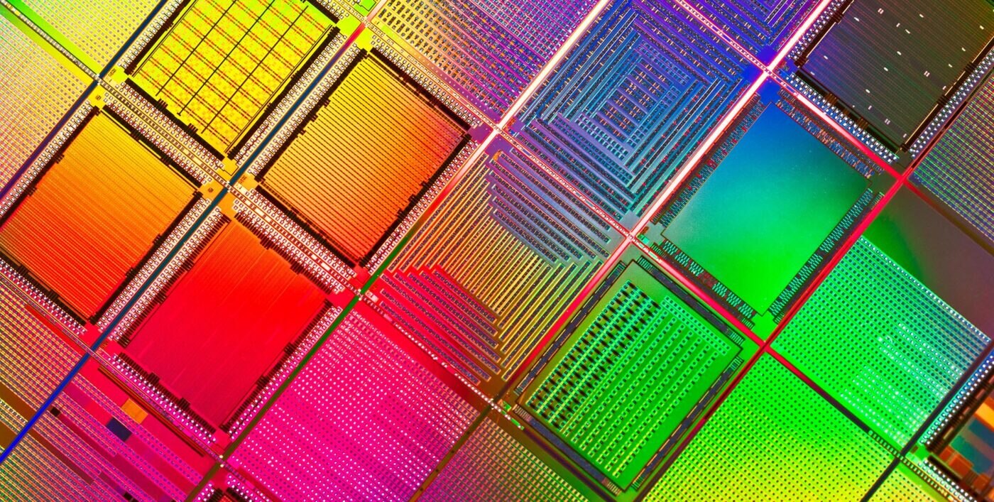 Multi Colored Computer Silicon Wafer Extreme Close-up Shot