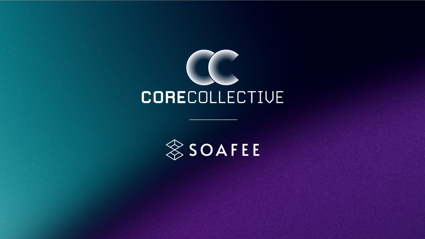Arm, CoreCollective and SOAFEE logos on a teal-to-purple gradient background.