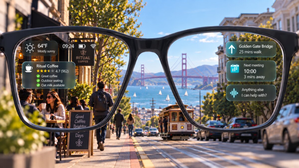 Illustration of AI-powered smart glasses displaying real-time navigation, weather, café recommendations and calendar notifications over a San Francisco street scene.